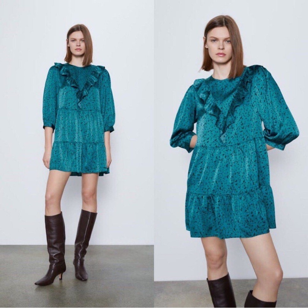Zara Teal Animal Print Mini Dress with Ruffles